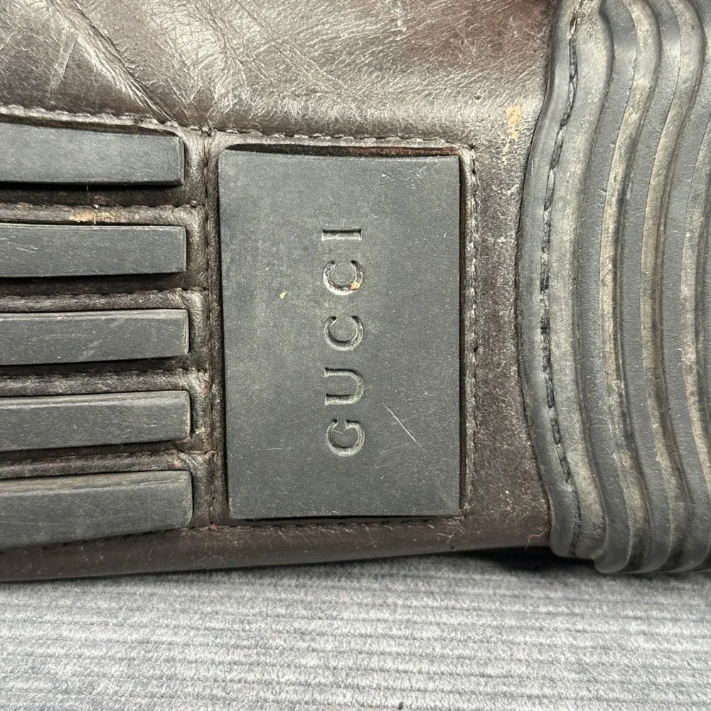 Gucci Mens Brown Leather GG Supreme Monogram Toggle Driving Loafers